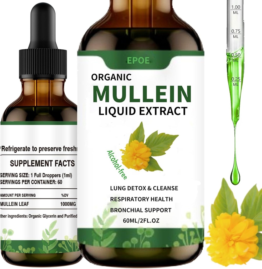 Tekuté kvapky s Mullein Leaf, Mullein kvapky pre Pľúca Organic Respiration Booster Alkohol zadarmo, Pľúca očistiť pre imunitné a respiračné zdravie Podpora, biela