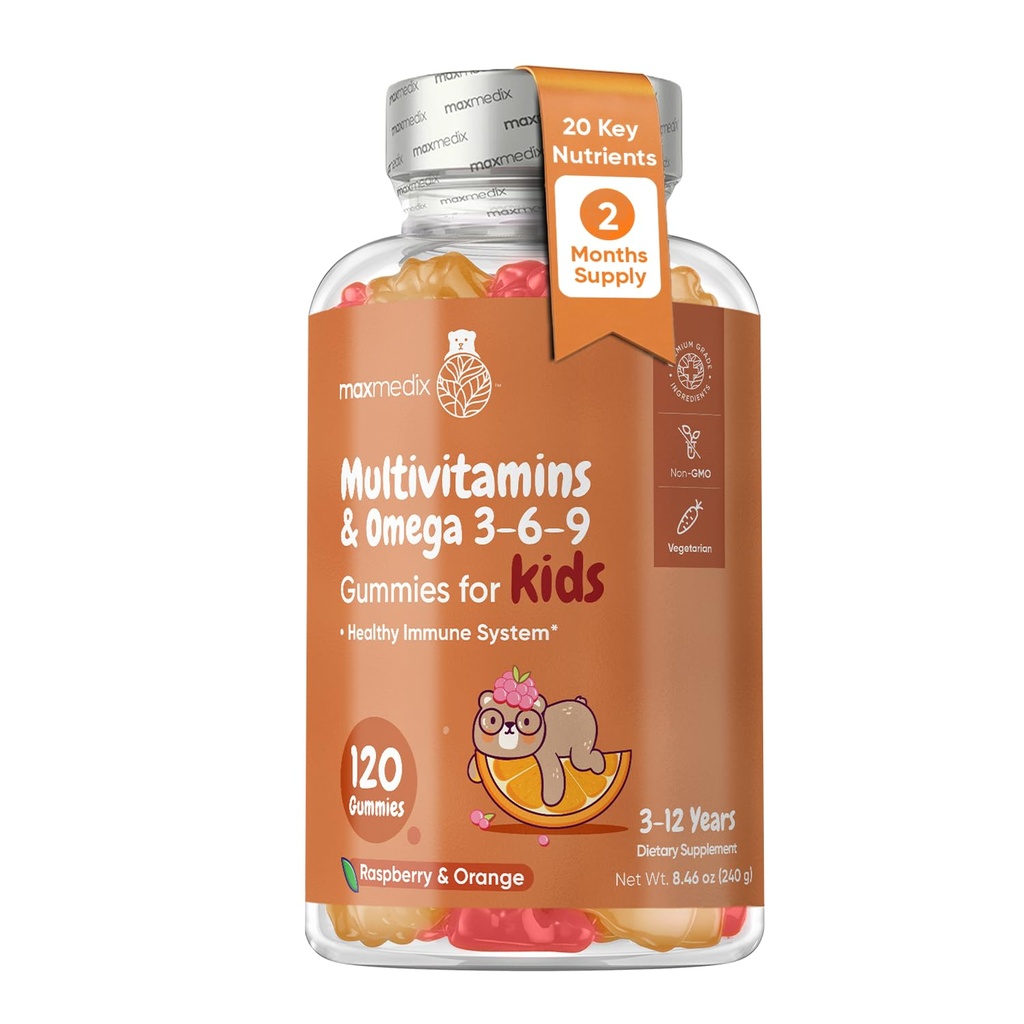maxmedix Deti Multivitamínové Gummy s Omega 3 6 9 - 120 Gummy (60 porcií) - Essential Kids Vitamín A, C, D & B12, Minerály a živiny - Prírodná malinová a pomarančová príchuť - Tretia strana testovaný
