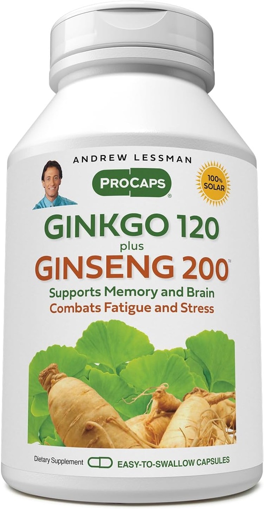 ANDREW LESSMAN Ginkgo 120 Plus Ginseng 200mg - 30 Kapsule - Štandardizovaný extrakt Blend na podporu mozgu, pamäte a kognitívne funkcie. Adaptogén, Boj proti stresu a únave. Žiadne prídavné látky