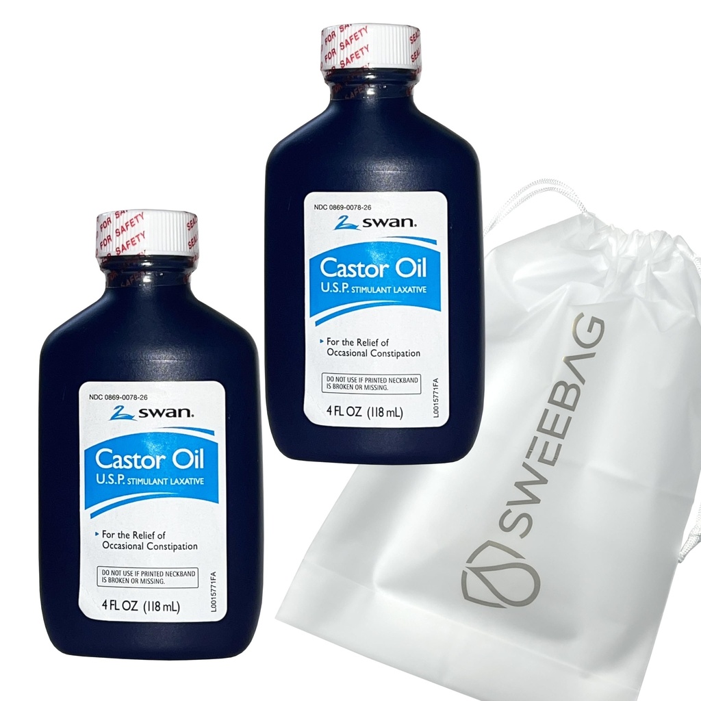 SWAN Castor Oil USP 100% Stimulant pre úľavu príležitostnej Zápcha 4 Fl Oz (Back of 2) Plus taška silný a vodotesný