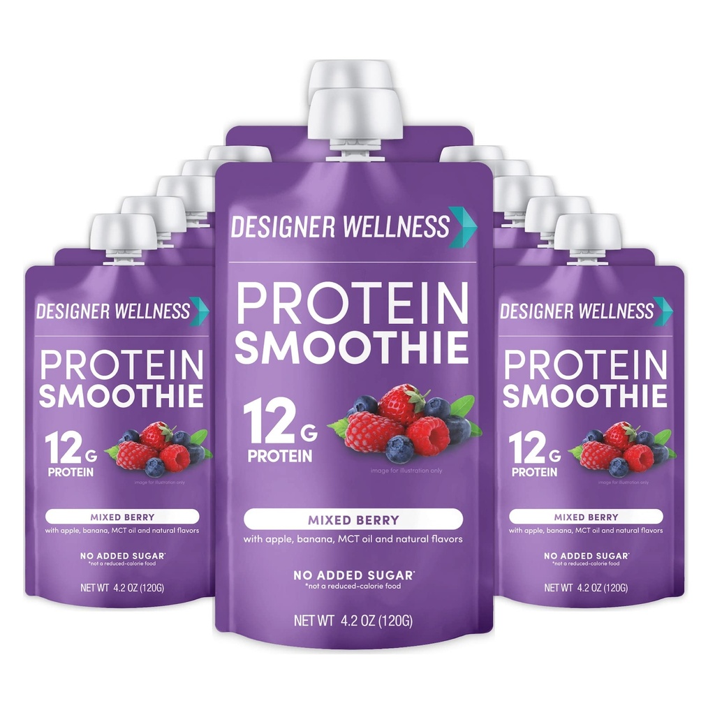 Designer Wellness Protein Smoothie, Real Fruit, 12g Protein, Low Carb, Zero Pridané cukor, Gluten-Free, Non-GMO, Žiadne umelé farby alebo príchute, Mixed Berry, 12 Počet