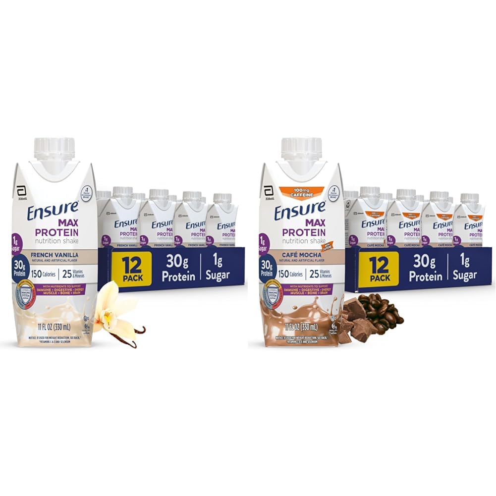 Uistite sa, Max Bielkoviny Nutrition Shake s 30g proteínu, 1g cukru, vysoký proteín Shake, Francúzska Vanilla a Cafe Mocha, Tekuté, 11 fl oz (Stoj 12)