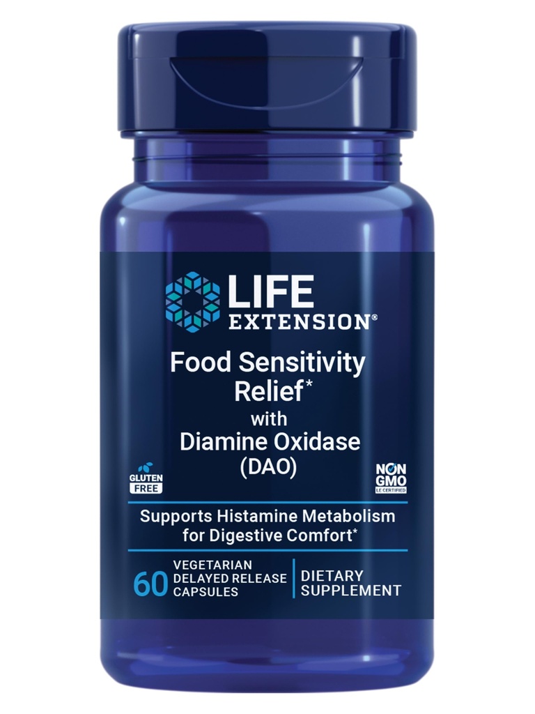 Life Extension Food Sensitivity Relief with Diamine Oxidáza (DAO), Occasional Gas, Digestive Comfort, histamín Citlivosť, DAO Enzyme Supplement, Gluten Free, Non- GMO, Vegetarián, 60 Kapsule