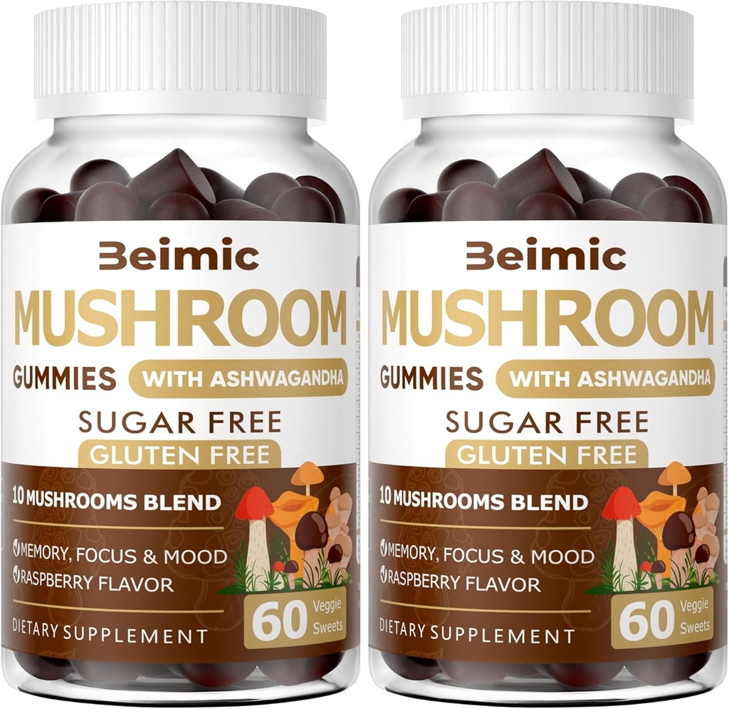 Hubové guličky - 10x Supplement Mushroom s Ashwagandha a Lions Mane (120 žuvacích) Nootropic Brain Supplement, Immune Support & Stres Relief (sada 2)