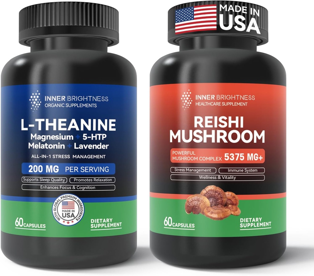 Reishi Mušroom Supplement with Cordyceps + L Theanine 200mg, Magnézium, 5-HTP & Melatonin for sleep, Focus & Mood Support
