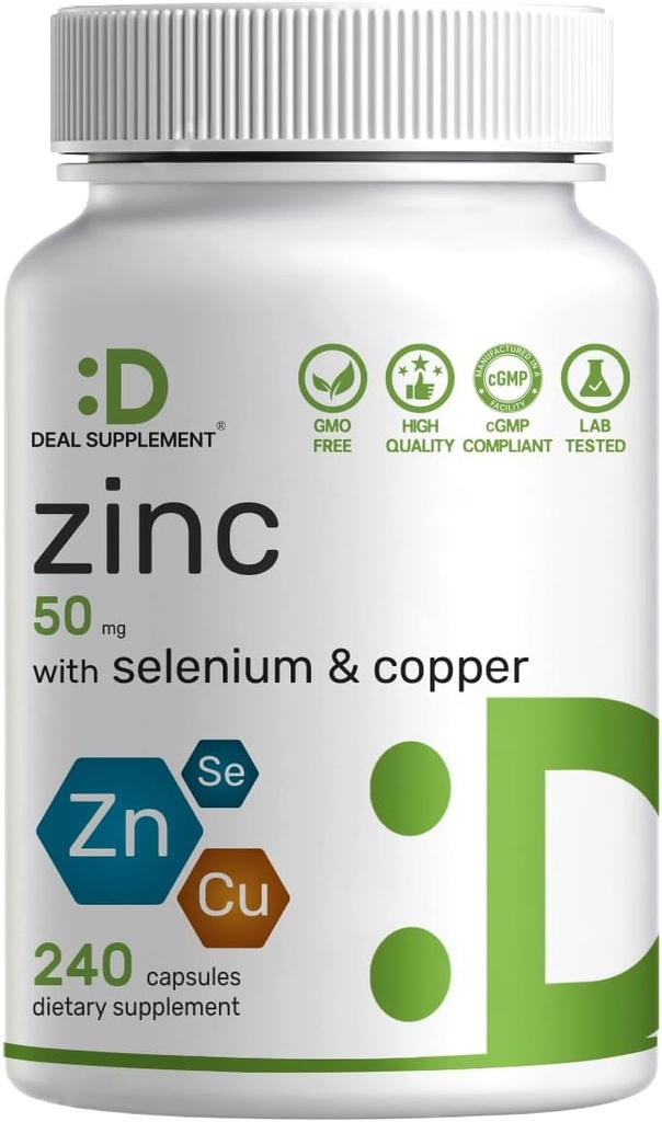 Deal Supplement Zinok 50mg s selén + meď, 240 Kapsule, 8 Mesiac dodávky, 3 v 1 Minerálna formula, Zinok Pikolinát komplex doplnok, podporuje zdravý imunitný systém pre dospelých a deti