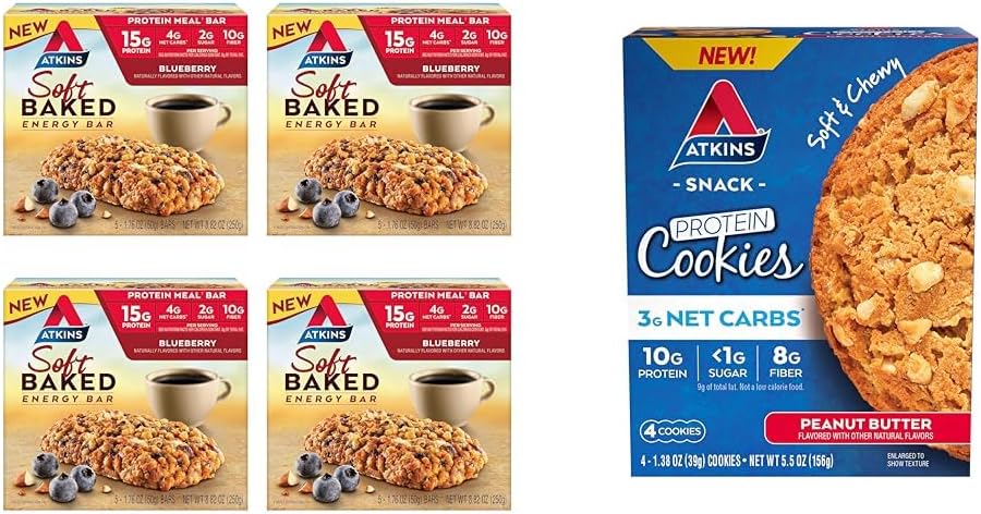 Atkins Soft Paked Energy Bars, Blueberry, 15g Protein, 2g Cukor, Výborný zdroj a arašidový proteín Cookie, Protein Desert, Bohaté na vlákninu, 3g Net Carb, 1g Cukor