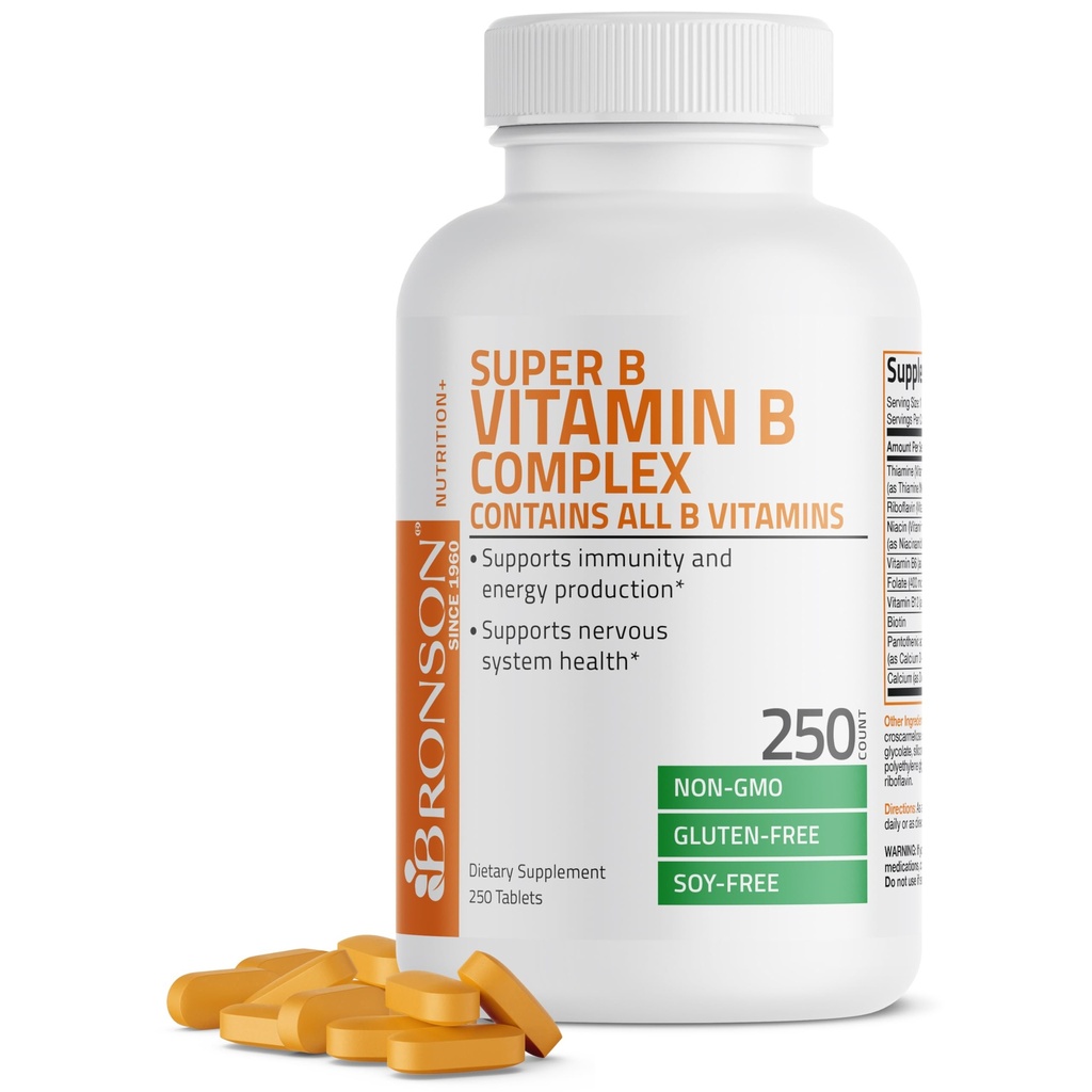 Bronzon vitamín B komplex (vitamín B1, B2, B3, B6, B9 - kyselina listová, B12), 250 tabliet