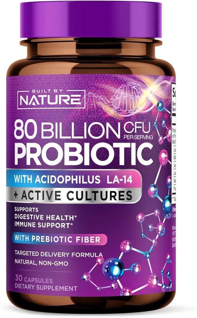 80 miliárd CFU Probiotic - Daily Digestive Gut Health Supplement for Men & Women - Lactobacillus acidophilus, Bifidobacterium & Prebiotics - Non- GMO, Gluten & Dairy Free, Six- Stable - 30 kapsúl