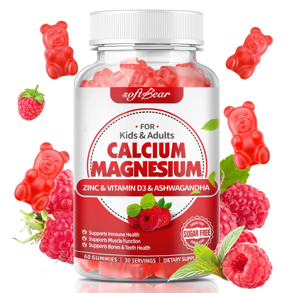 softbear vápnik Magnézium Zinok Gumies pre ženy, vápnik horčík doplnok s vitamínom D3 pre kostnú silu, Vegan / bez cukru, Malinová chuť 60 Počet