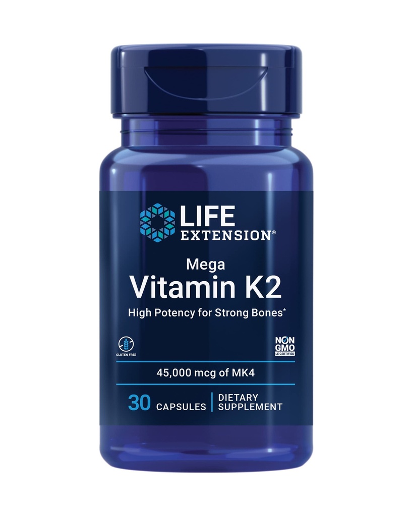Life Extension Mega Vitamín K2 High Potency for Strong Bones, klinicky študované 45 mg K2 Dávkovanie, Podporuje zdravé kostnej hustoty, Gluten-free, non-GMO, 30 Kapsule