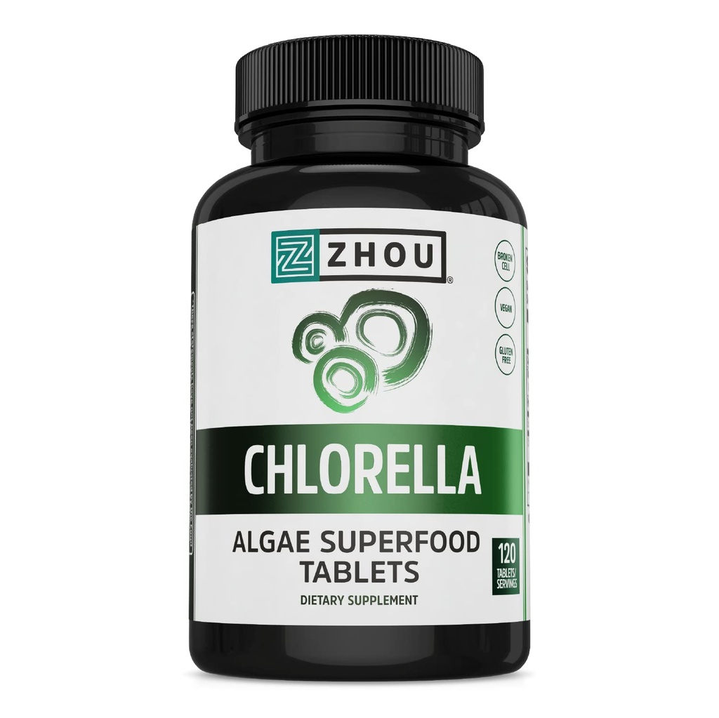 Zhou Chlorella Tablety - Chlorella Supplement, Chlorofyl Vitamíny, Pure Green Algae Superfood, Nutrient Rich Super Food Pills, Broken Cell Wall - 120 Vegan Tablety