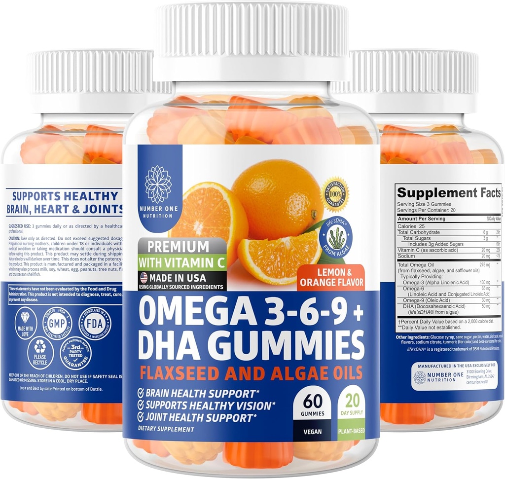 N1N Premium Omega 3 6 9 + DHA Gummies [Vegan, Plant Based] Prírodný mozog, imunita a spoločná zdravotná podpora s vitamínom C, 60 Gummies