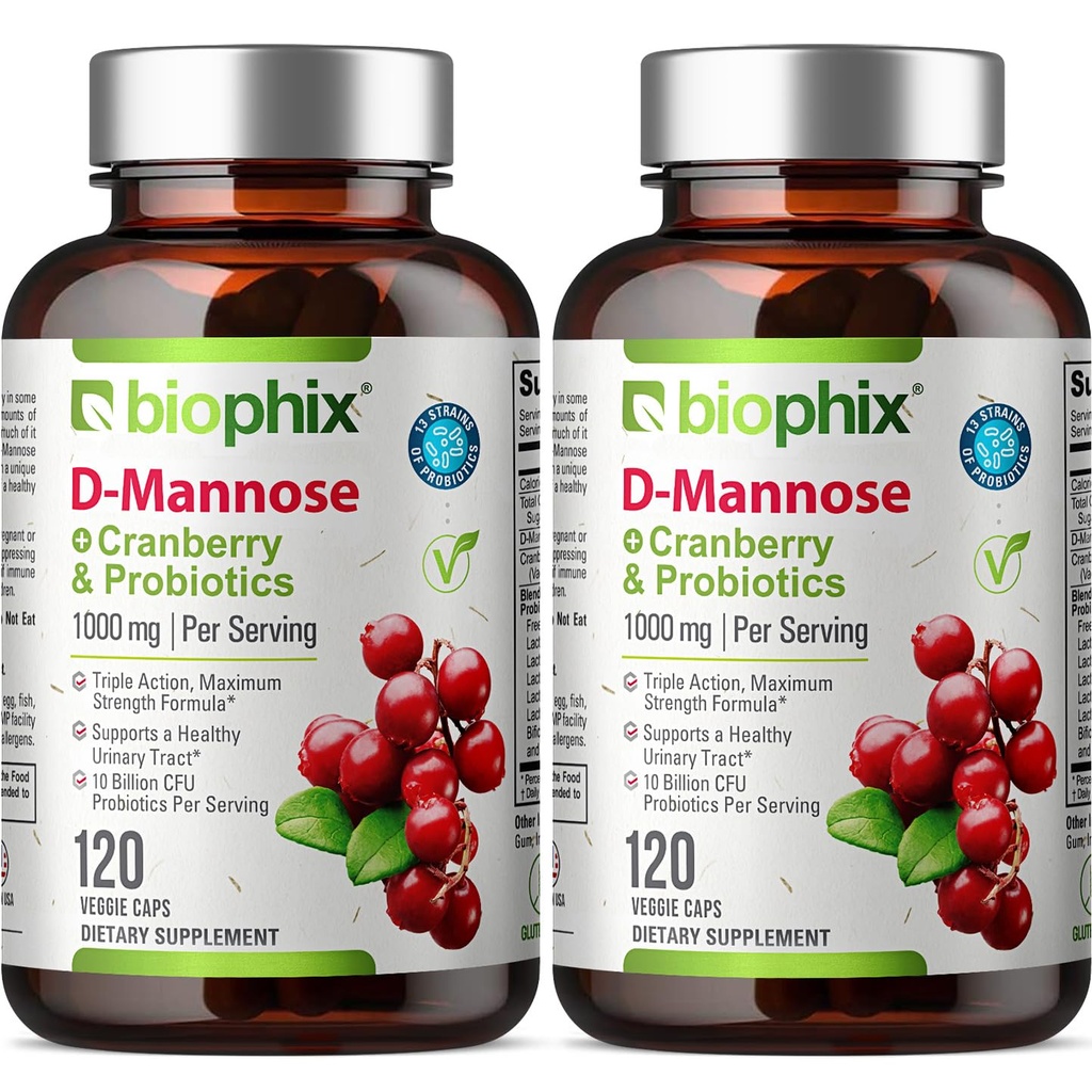 biophix D- Mannose 1000mg Kapsule s brusnicami a probiotikami - D Mannose Supplements for Women - D- Mannose Pills for Urinary Tract & Bladder Health Support - Digestive Well- Being - 120 Vcaps 2 Balenie