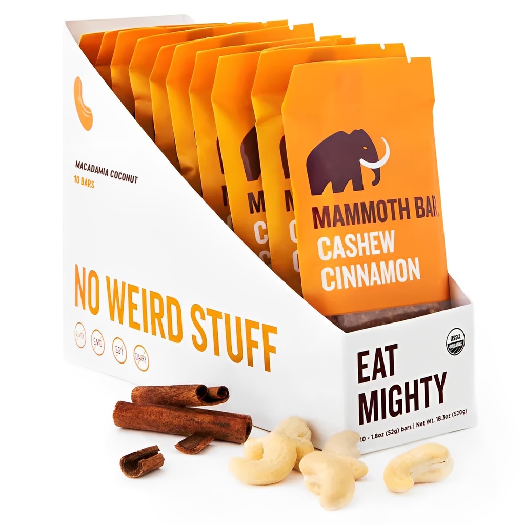 Cashew škorica Bar- Organic, Paleo, Gluten Free and Raw by Mammoth Bar, 10-12g Protein, 1.8 Oz. Bar (10 Bary) ...