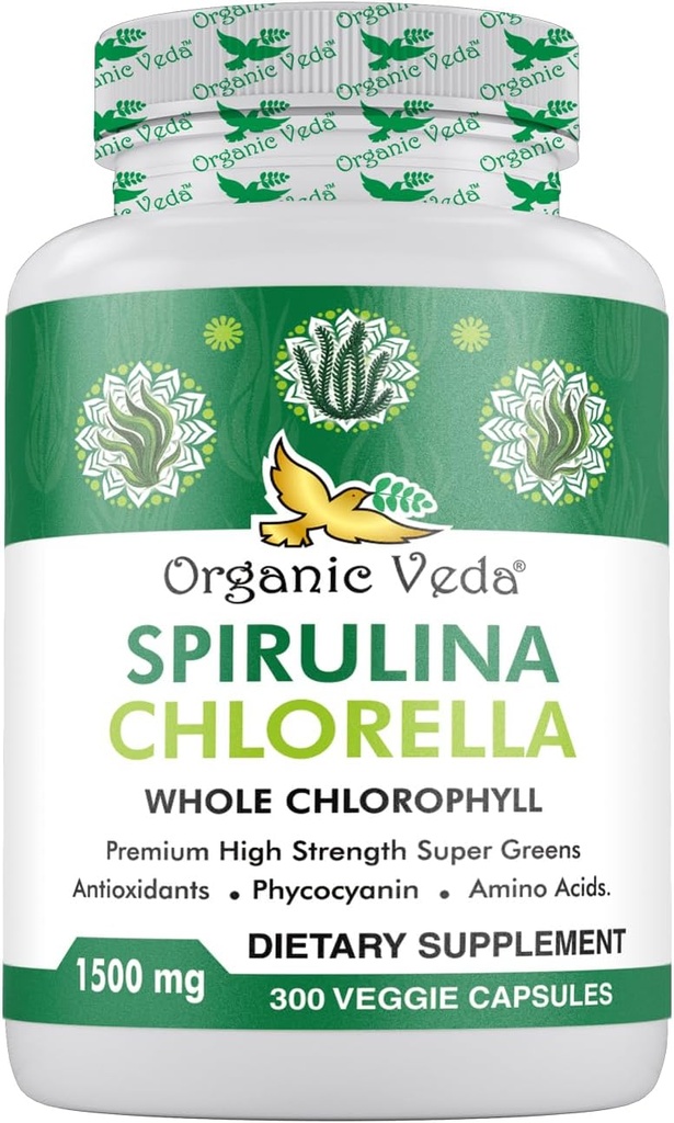 Organické Veda Spirulina & Chlórella Kapsule, 1500mg, 300 Počet - Spirulina Chlórella Kapsule so Super Green Antioxidanty, Phycocyanin, Amino Acid - Boost Imunity, Energia, Podpora Zažívanie