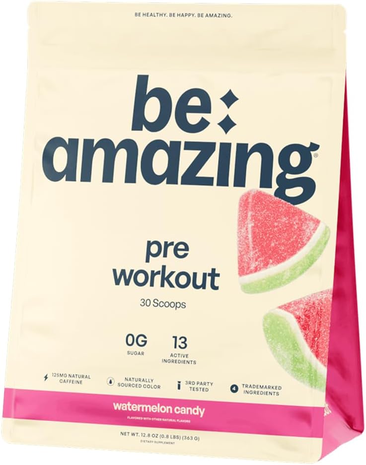 BE AMAZING Pre Cvičenie prášok, Vegan Supplement with 125mg Natural Caffeine, Ashwagandha and Adaptogens, Sugar Free Drink Mix for Men and Women, Gluten Free, Non GMO, Watermelon Candy, 30 Servings