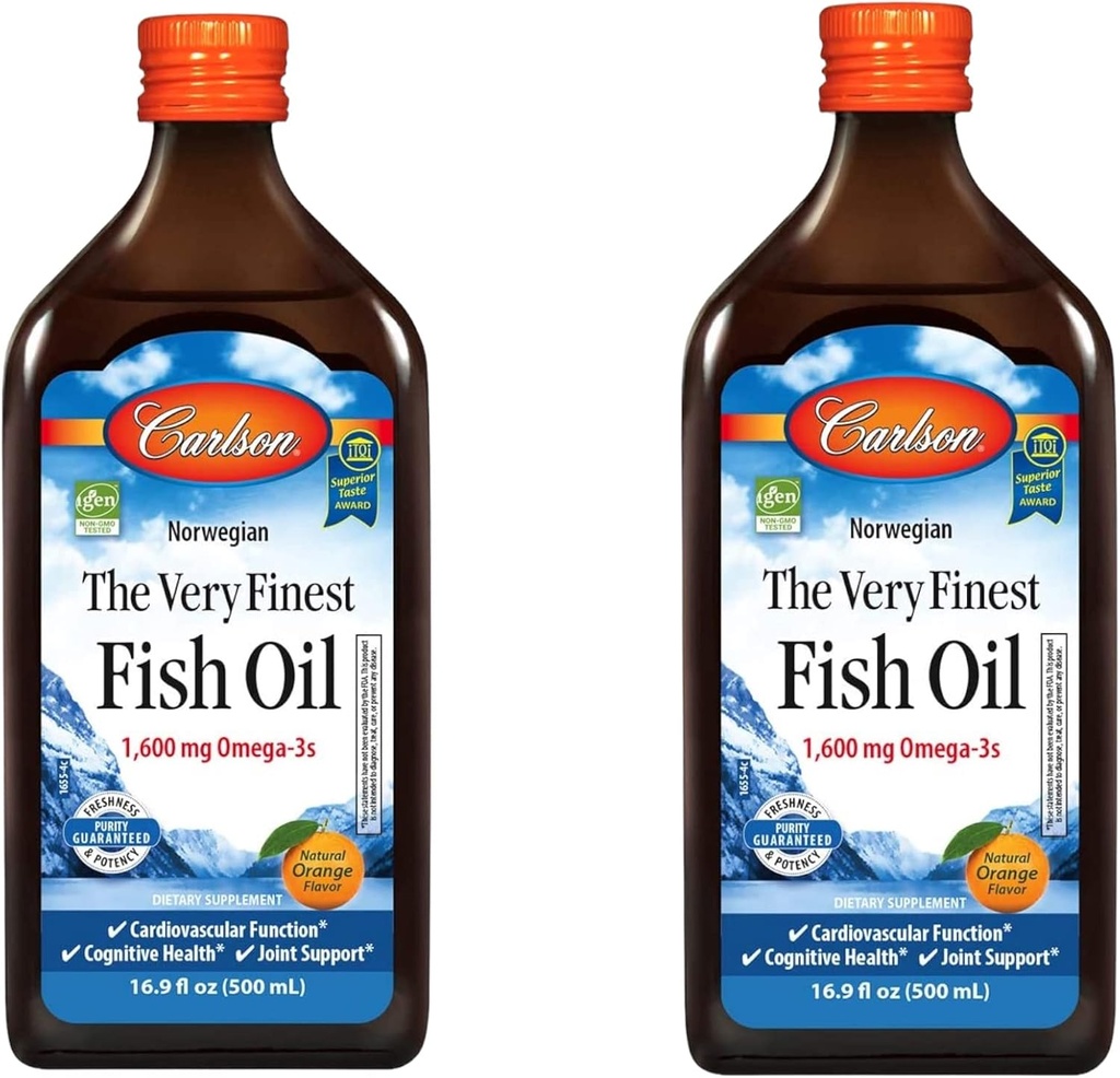 Carlson - Veľmi najjemnejší rybí olej, 1600 mg Omega-3s, Liquid Fish Oil Supplement, Norwegian Fish Oil, Wild-Caught, Udržateľne zdrojový rybí olej Tekutý, Orange, 16.91 Fl Oz (Stock of 2)