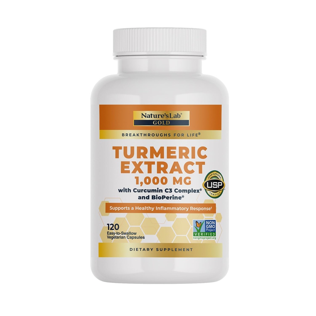 Nature's Lab Turmerica Curcumin C3 Complex 1000mg - Turmerica Extract 1000mg & BioPine 5mg Štandardizovaný na 95%, Podporuje kardiovaskulárne, Immune, kĺbu, zdravie kože - 120 Kapsule (60 Day Supply)