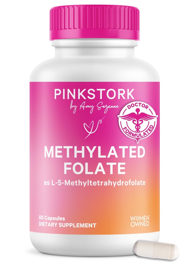 Pink Stork Folát: Metyl folát - MTHFR kyselina, prírodná forma kyseliny listovej pre tehotenstvo, Formulované pre mama + dieťa, ženy-vrásky, 60 Kapsule (Backaging May Vary)