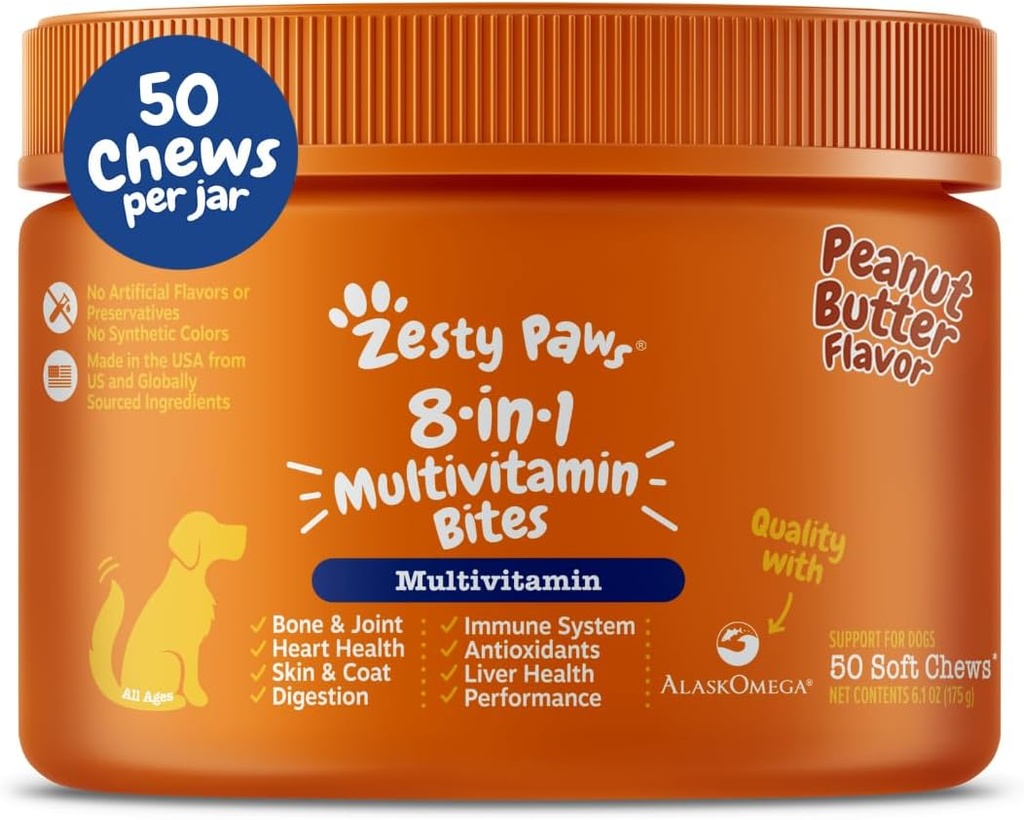 Zesty Paws Dog Multivitamín, Žuvacie Psie vitamíny a doplnky pre Hip & Joints, koža & Coat, Omega 3 Rybí olej pre psy- Senior & Puppy Multivitamín- Arašidové maslo- 50ct