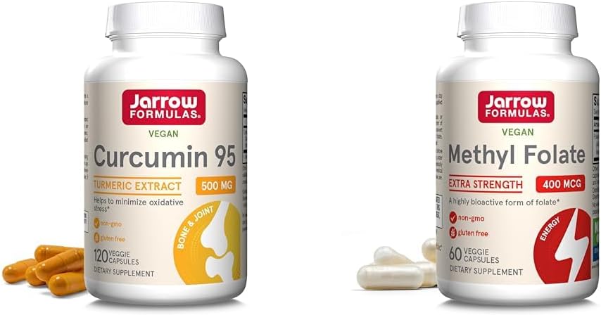 Jarrow Formules Curcumin 95 500 mg a Metyl folate 400mcg Antioxidant a Kardiovaskulárna Zdravotná podpora Dietary Supplement Bundle, 120 a 60 Veggie Kapsule