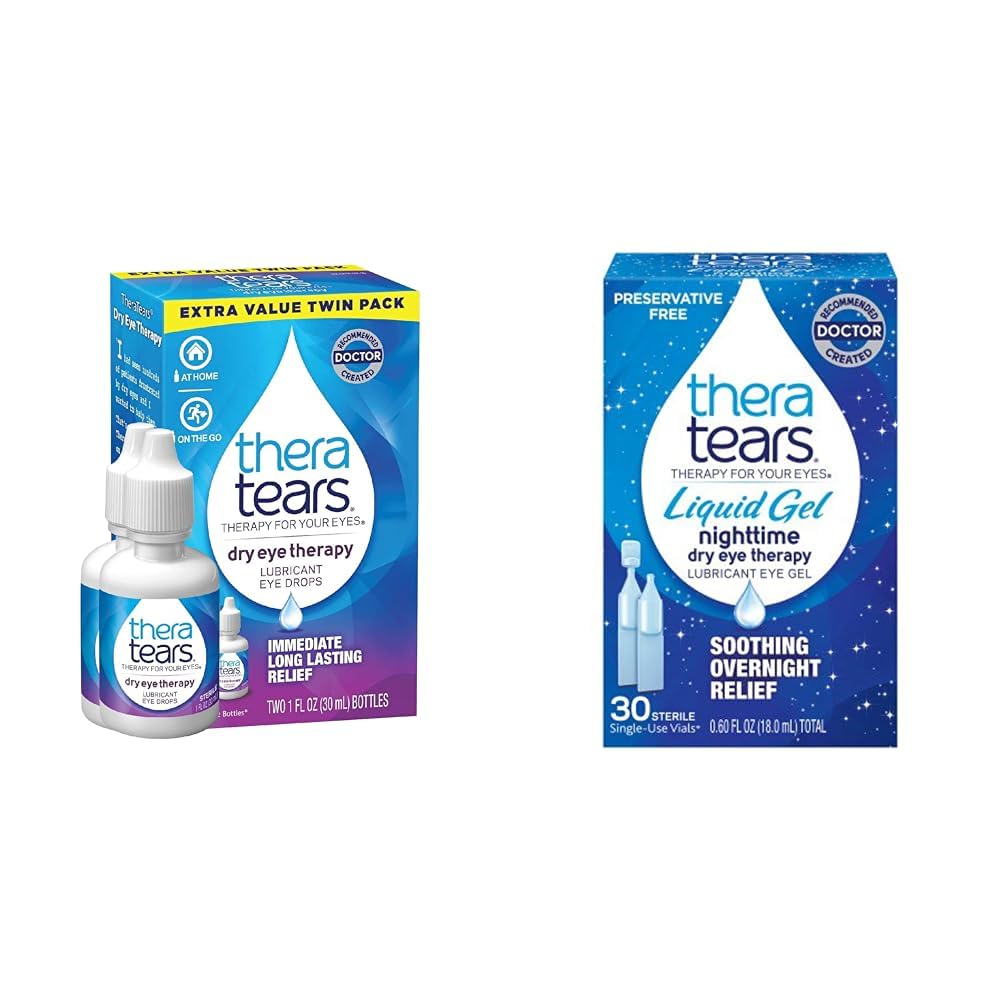 TheraTears Suché očné terapie Mazanie očné kvapky pre suché oči, 1 fl oz fľaša Dvojbalenie, (2 x 30ml fľaše) a tekuté gél nočné mastiace očné kvapky pre suché oči, jednorázové liekovky, 30 Počet