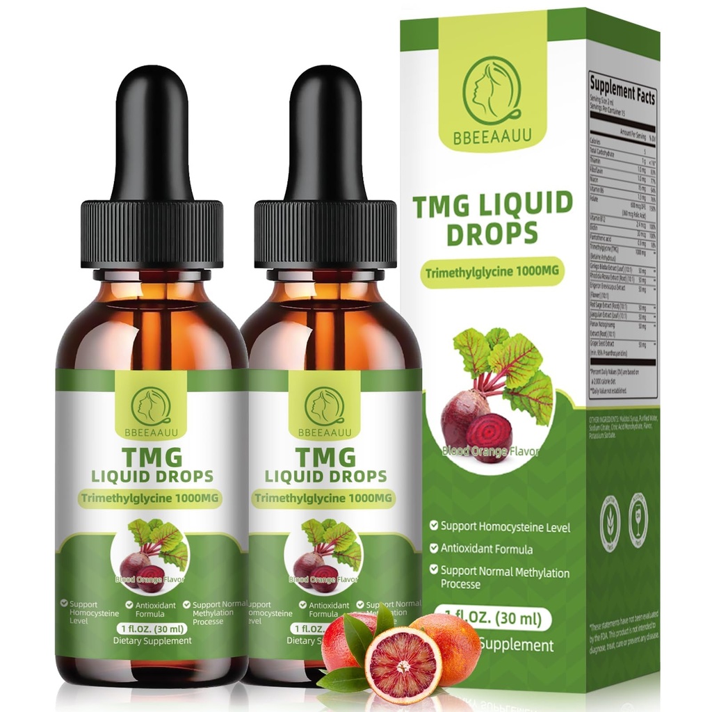 TMG Doplnky 1000MG - Trimethylglycín Tekuté kvapky, betaín vysoká absorpcia, podporuje metyláciu, wellness a kognitívne pečeň, non-GMO, Vegan, Krvavá Orange Flavor, 1 Fl.Oz (2 balenie)
