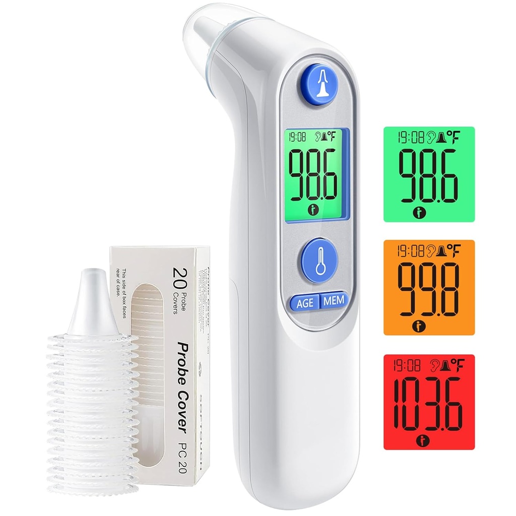 Ušný termometer, Digitálny Ušný termometer pre deti a dospelých, Vysoká presnosť Detský termometer s 1s Výsledok, 3-farebný kódovaný a 30 pamäť Recall, jednoduché použitie, s 21 Jednorazové Probe kryty