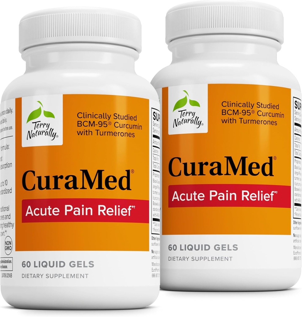 Terry prirodzene CuraMed Akútna úľava od bolesti - Doplnok s BCM-95 Curcumin & BOS-10 Boswellia - Čierny sezamový olej na podporu úľavu príležitostného nepohodlia - 60 tekutých gélov (balenie 2)