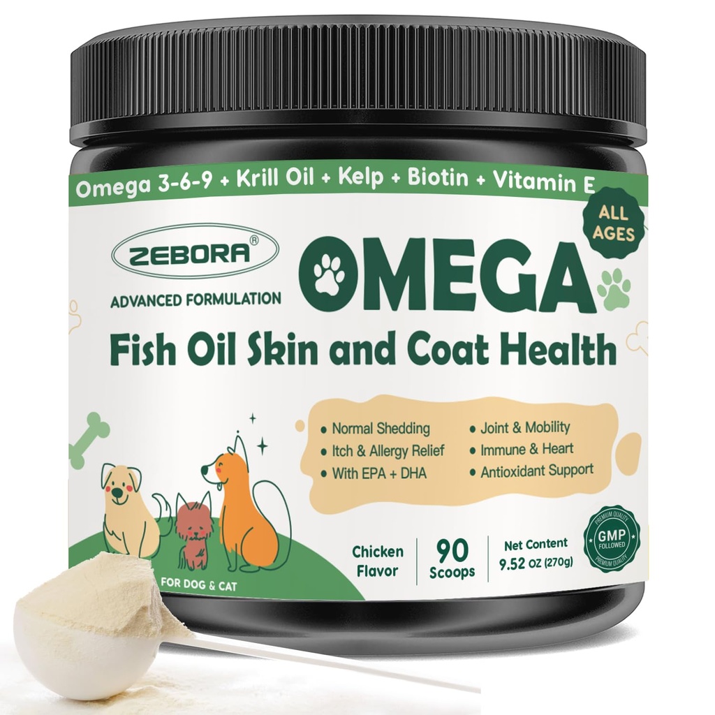 ZEBORA Omega 3 rybí olej pre psy, voľne žijúci chytený pes rybí olej, EPA & DHA, rill olej, kelp, koža a kozie doplnky, Anti svrbenie a lepidlo, podpora suchej kože, spoločné zdravie, pes alergie úľava