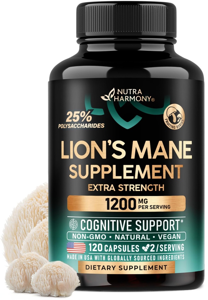 Lions Mane Supplement Kapsule - Organické Lions Mane - Vyrobené v USA - Ovocné telá Extrakt - 1200 mg, 25% Polysacharidy - Podpora pamäte a zaostrenia - Ako Leví prášok - 120 Kapsule, 2 mesiace Zásoba