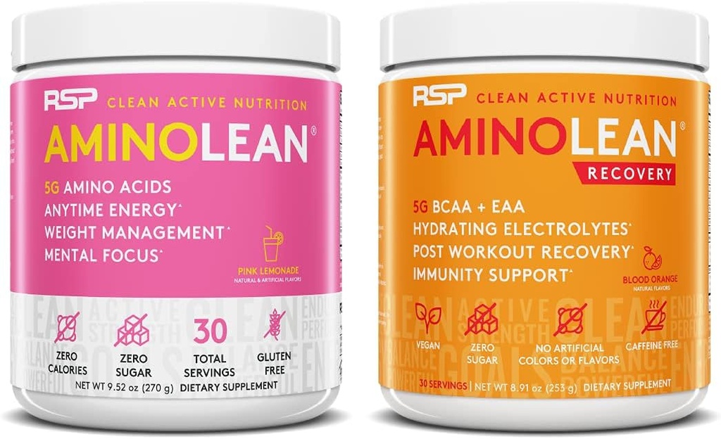 RSP NUTRITION AminoLean pre cvičenie energie (Pink Lemonade 30 slúži) s AminoLean zotavenie post cvičenie Boost (Blood Orange 30 slúži)