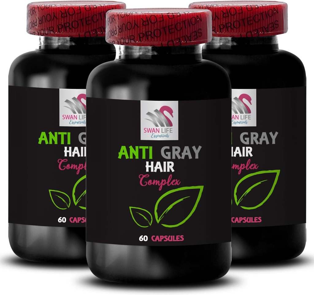 Anti šedivé vlasy vitamíny - ANTI GRAY VLASY COMPLEX - Farba prebudenie, Šedivé vlasy doplnok, Prírodné šedivé starostlivosť, vibrujúce vlasy, žiara vlasov, Farba vitalita, Šedivé vlasy 3 Fľaše 180 Kapsule