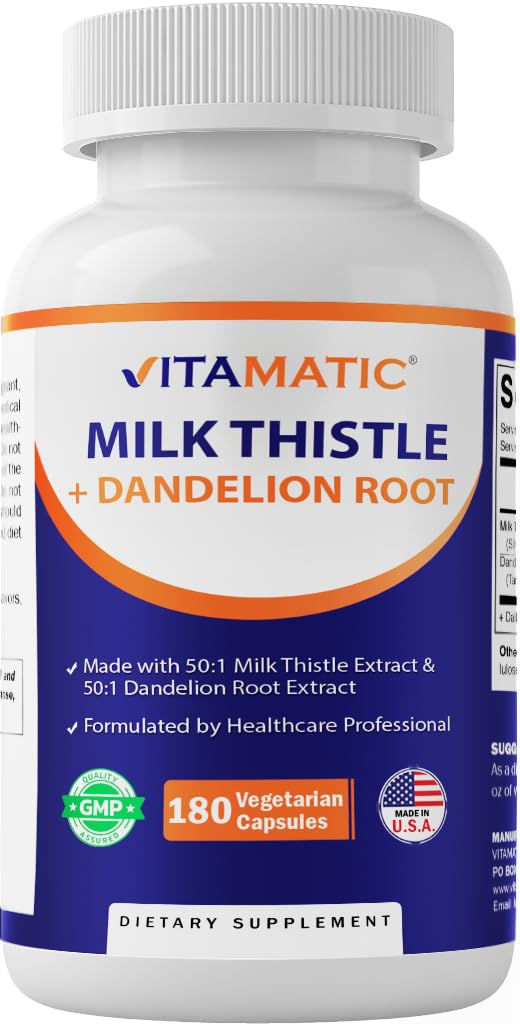 Vitamatic Milk Thitle 50:1 Extract 500mg, Dandelion Root 50:1 Extract 100mg, 180 Vegetariánske kapsuly, non-GMO, bez lepku