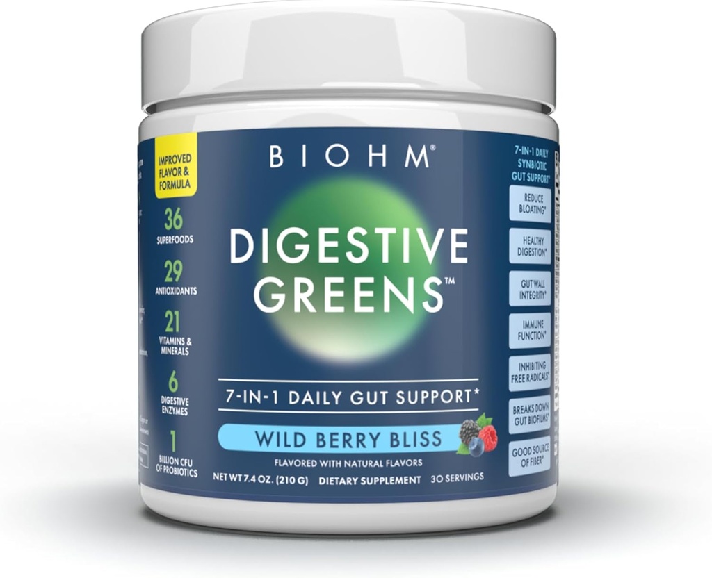 BIOHM Digestive Greens, Green Superfood Powder (7.4 Oz, 30 Servings) Immune & Gut Health Support with Antioxidants, Vitamíny, Probiotiká & Enzymes, Good Source of Fiber, Berry Flavor