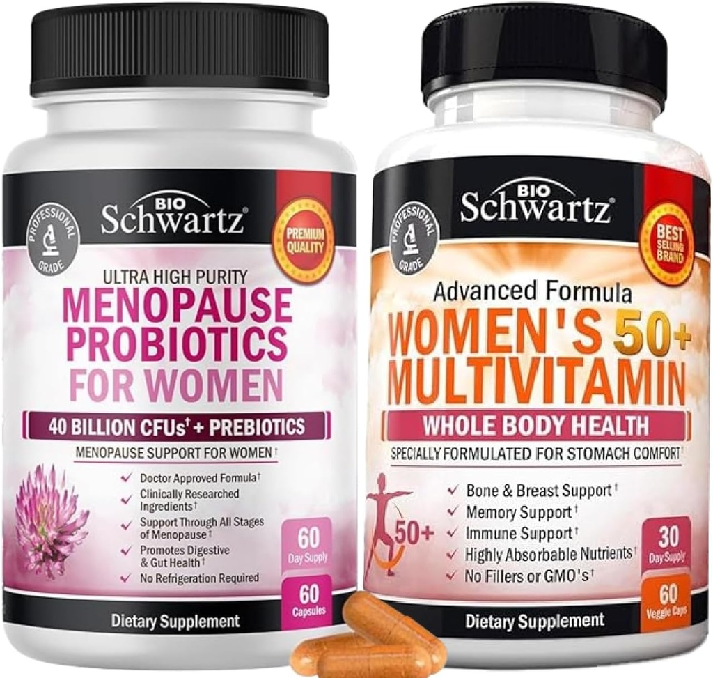 BioSchwartz Probiotic Menopause Supplement for Women (2 Month Supply) Plus Daily Multivitamin for Women 50 & Over (1 Month Supply)