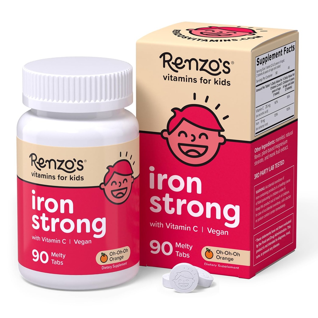 Renzo je železo Doplnky pre deti, Rozriešiteľné Vegan Deti Železo Supplement s vitamínom C, bez cukru Melty Tabs, Orange Chute, 90-Count