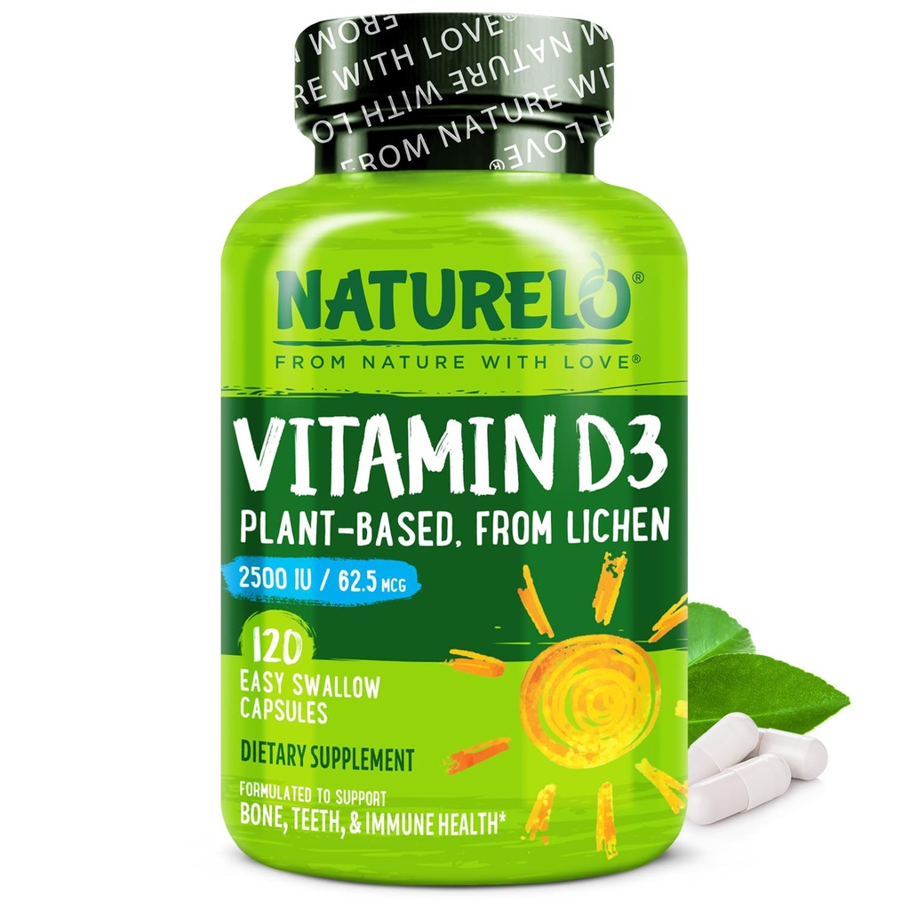 NATURELO Vitamín D - 2500 IU - Rastlina založená z Lichen - Prírodné D3 doplnok pre imunitný systém, Bone Support, Spoločné zdravie - Vegan - Non-GMO - Gluten Free - 120 Kapsule