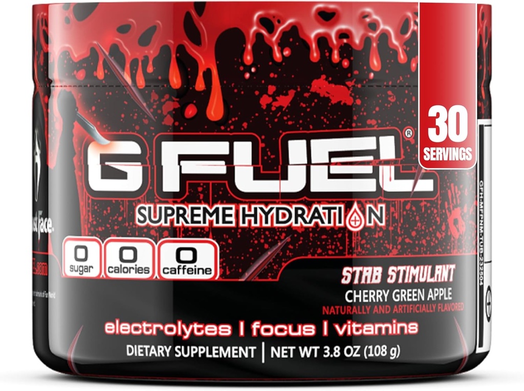 G Fuel Electrolyte Powder, Cherry Green Apple, Stab Stimulant, Zero Cukor a kofeín-Free Hydration Mix s elektrolytami a vitamínmi, 3.8 oz (Ghost Face, 30 Servings)