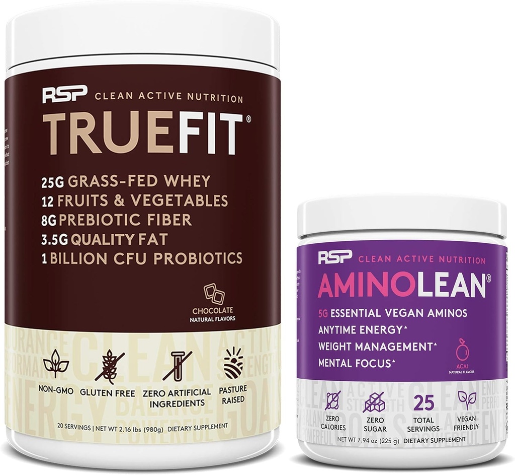 RSP NUTRITION Vegán AminoLean pre cvičenie energie (Acai 25 Servings) s TrueFit Protein prášok (Čokolát 2 LB)