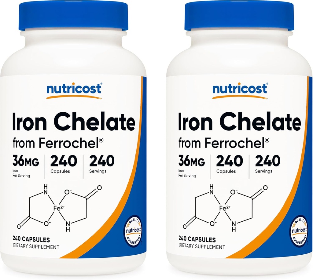 Nutricost Odmietnuté železo, As Ferrochel, 36 mg, 240 kapsúl (2 fľaše)