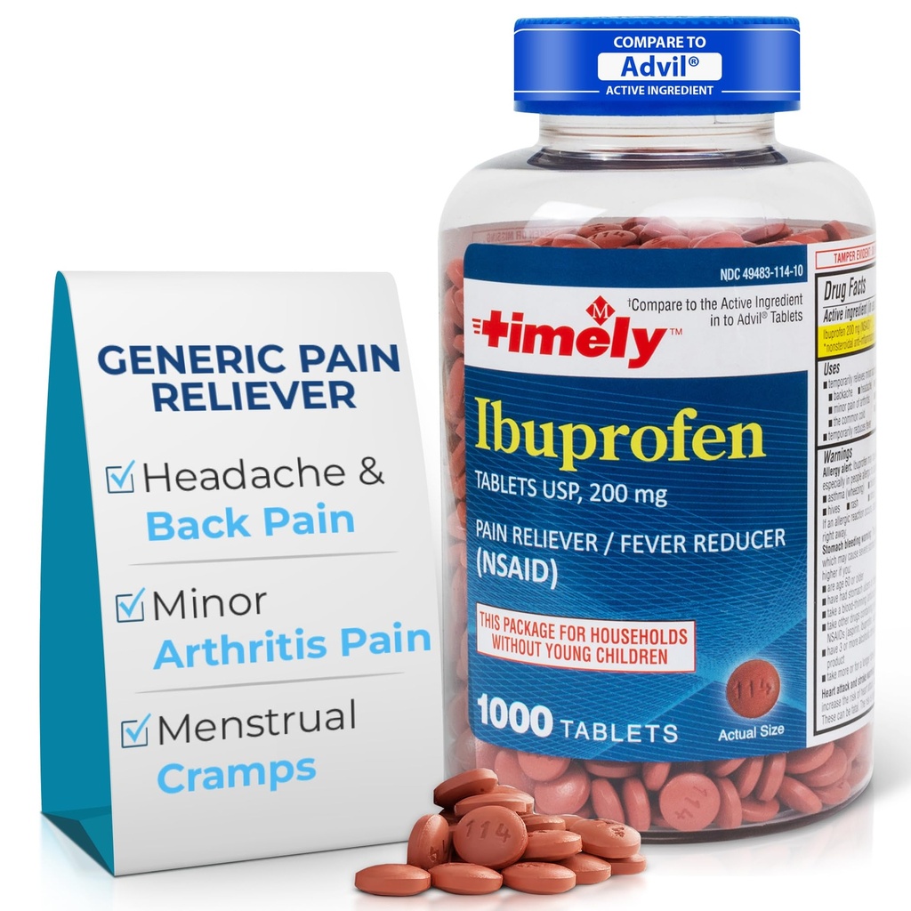 Time-CAP LABS, INC. Včasné Ibuprofen 200 mg 1000 tabliet - Tablety na úľavu od bolesti a zníženie horúčky - pre úľavu od bolesti hlavy, menštruačné bolesti, bolesť zubov, bolesť svalov, bolesť kĺbov a bolesti tela