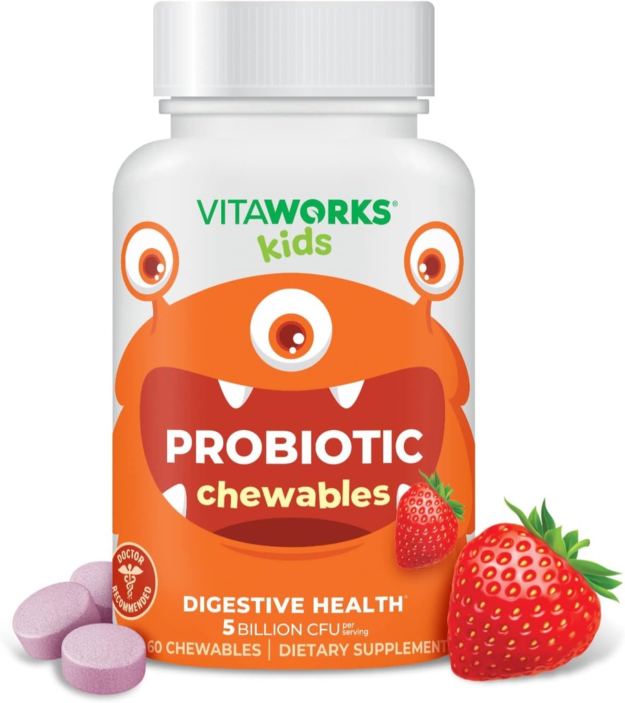 Deti Probiotické 5 miliárd CFU Acidophilus Blend s Prebiotické Fiber Žuvacie tablety - Berry Flavor - Vegan - Nut Free - Dietary Supplement - Probiotiká pre tráviace zdravie - 60 Chewables