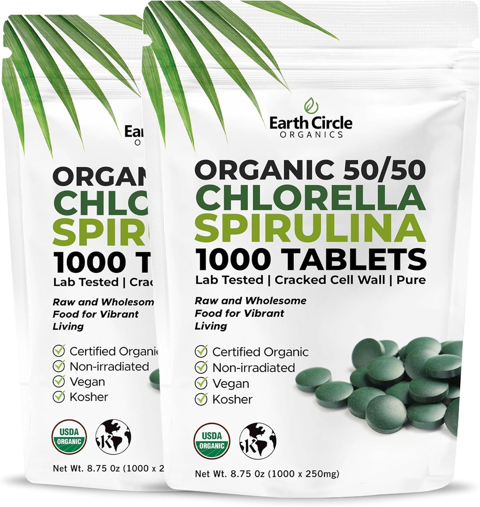 Premium Organic CHLORELLA / SPIRULINA 1000 tabliet (50/50) Kosher, Vegan - Green Algae Superfood, Cracked Cell Wall, Chlorofyl, vysoký obsah bielkovín a železa, žiadne prísady, alebo plnidlá 8.75 Oz (2 balenia)
