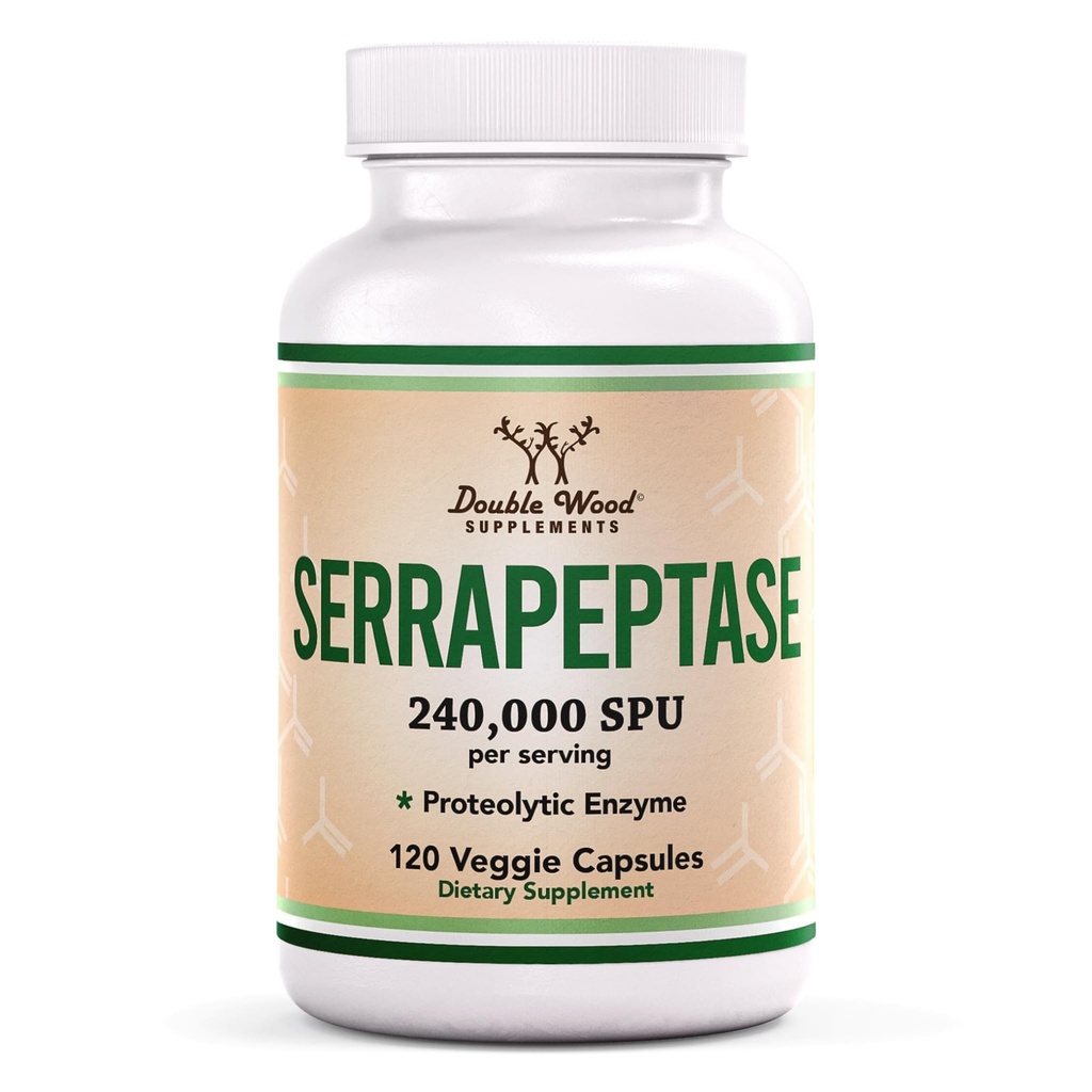 Serrapeptase 240 000 SPU Max Potency (120 Veggie Capsules) Proteolytic Enzyme od Sinus, Respiration and Joint Health (Non-GMO, Gluten Free, Vegetariánska sejf) by Double Wood