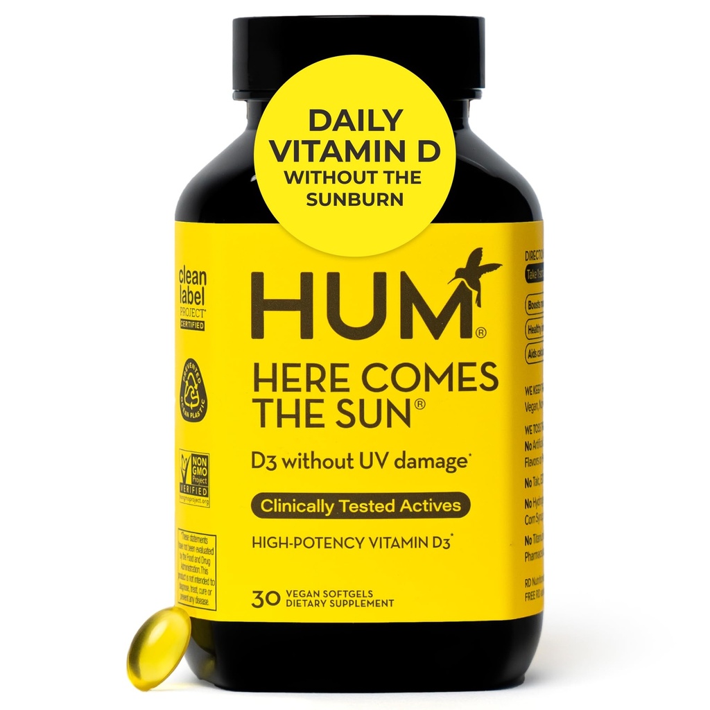 HUM tu prichádza Sun Immune Support s vitamínom D doplnky pre ženy a mužov pre zdravý imunitný systém, D3 Vitamín podporuje zdravie kostí, 30 kapsúl