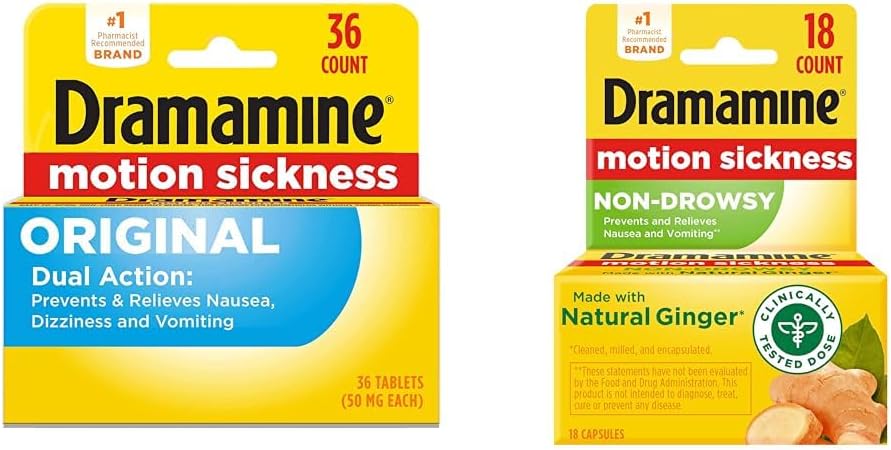 Dramamine Original, Motion Choose Relief, 36 Count & non-Drowsy, Motion Choose Relief, Made with Natural Ginger, 18 Count