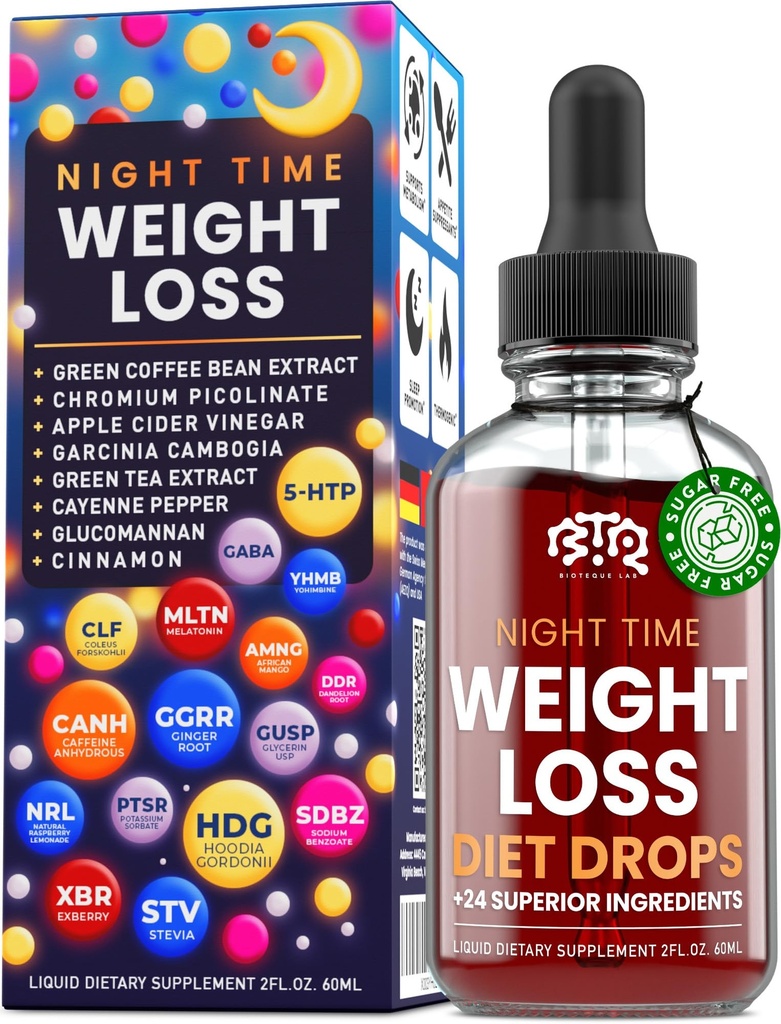 Night Time chudnutie kvapky - kontrola chuti do jedla, spaľovač tukov, metabolizmus Booster - jablkový Cider Ocot - škorica - Cayenne korenie