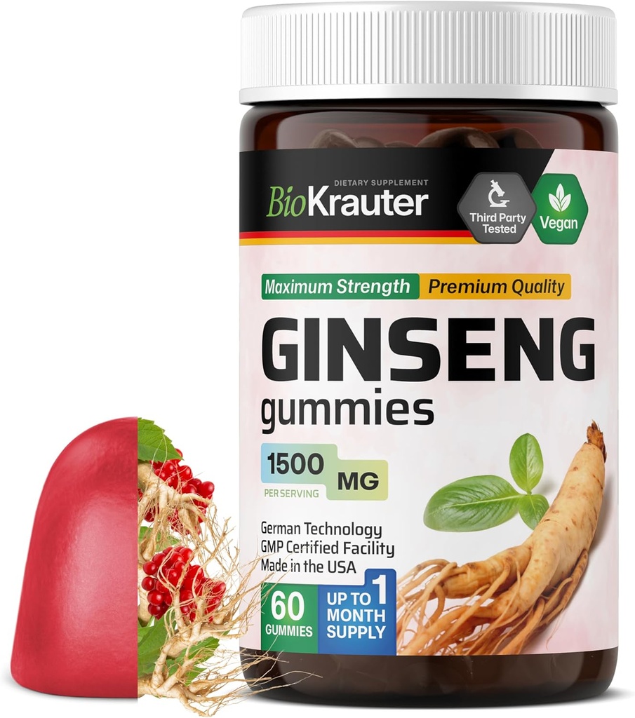 BIO KRAUTER Panax Ginseng Gummies - 1500 mg Sila - 60 gróf - Chewable Red Ginseng Supplement - Immune Support Gummies - Vegan, Pectin-Based, non-GMO